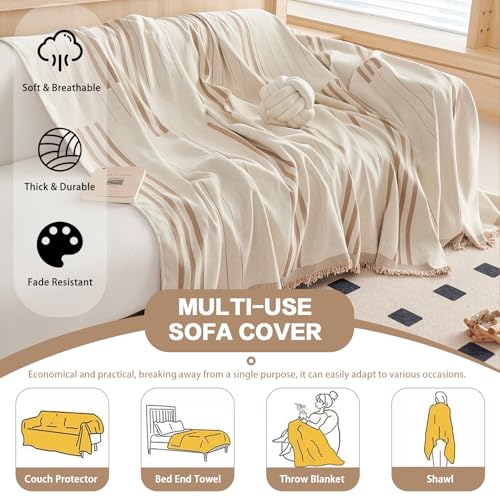 DREAMINGO Couch Cover Reversible Chenille 3 Seat Sofa Covers for Pet Kids Beige Coffee Couch Protector for 3 Cushion Couch Sofa Vertical Stripe Jacquard Sofa Slipcover Sectional, 71"x134"