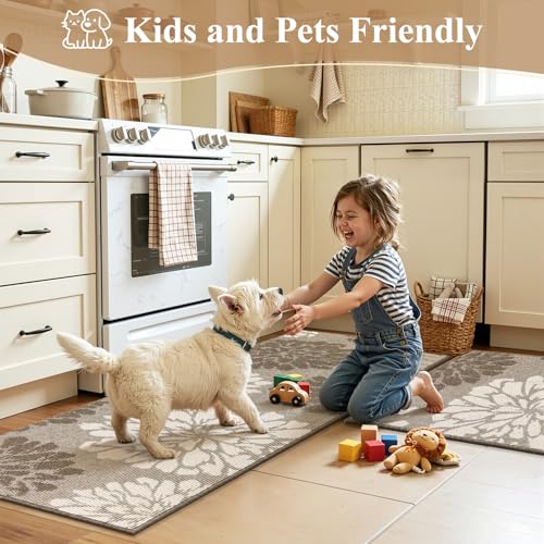 Findosom Kitchen Rugs Sets of 2, Floral Washable Kitchen Runner Rug, Brown