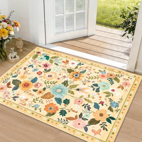 RELEANY Floral Washable 2x3 Area Rugs Doormat Yellow/Orange
