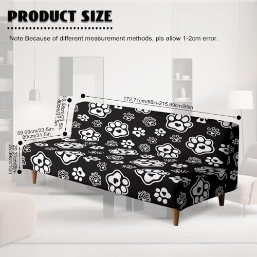 Paws Heart Print White Black Stretch Futon Cover with Elastic Bottom Armless Futon Mattress Cover Dustproof Cozy Couch Covers Scratch Resistant Sofa Bed Slipcover