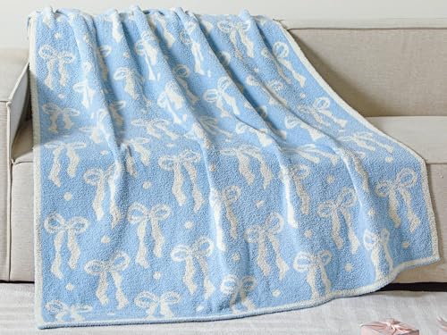 Buryeah Blue Bow Blanket Soft Microfiber Double Sided Bow Throw Blanket 50"x 60" Coquette Aesthetic Plush Bedding Stuff Sofa Chair Dormitory Preppy Room Decor for Women, Wedding Bridesmaid Gifts, Mom