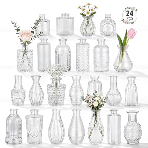 24 Pack Glass Bud Vase in Bulk - BEAHOT Clear Flower Vases for Wedding Decorations, Mini Vase for Centerpiece Table Decorations, Small Boho Vase for Home, Wedding Decor, Mother's Day, Party, Office