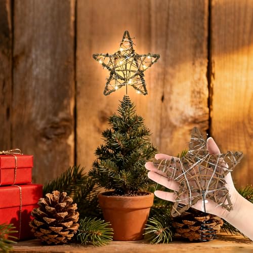 LAWOHO Christmas Tree Topper Rattan Natural Star with Lights, Farmhouse Christmas Decor, 6 Inch Mini Rustic Star with 6H Timer, Light Up Christmas Tree Decorations, for Xmas Tree, Holiday, Party