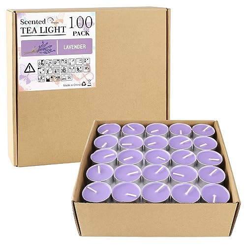 Purple Lavender Scented Tealight Candles - Giant 100 Pack Candles -Smokeless, 4 Hour Burn - Gift Set for Valentine's Day, Christmas, Weddings Centerpiece & Home Decor
