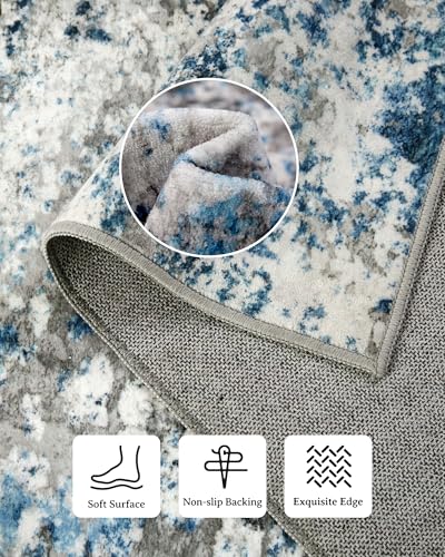 Washable Area Rug for Living Room: 9x12 Modern Abstract Neutral Soft Rug for Bedroom Dining Room No Slip Low Pile Carpet for Nursery Home Office - Grey/Blue