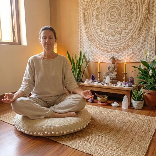 Mandala Life ART Bohemian Floor Cushion Cover –24 inches - Room Décor Decorative Round Pillow Case for Meditation, Yoga, and