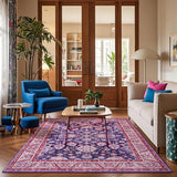 Purple Area Rugs for Living Room, 4x6 Washable Rugs for Bedroom, Non-Slip Retro Floral Carpet for Girls's Beside Dorm Entryway Office Kitchen Dining Room, Blue and Purple