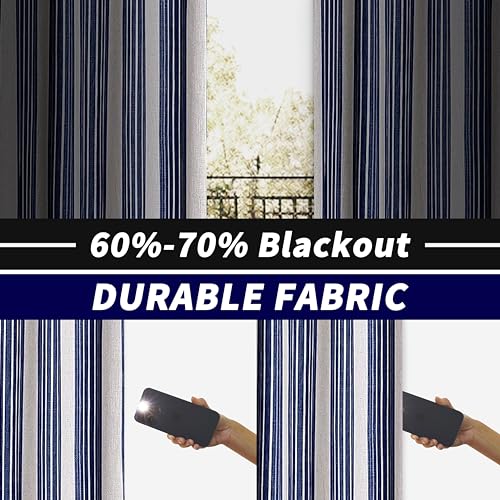 DriftAway Chris Linen Blackout Curtains with Thermal and Sound Reducing Layer 84 Inches Long for Bedroom Striped Printed Drapes Thermal Insulated Lined Window Treatments for Living Room Dark Blue