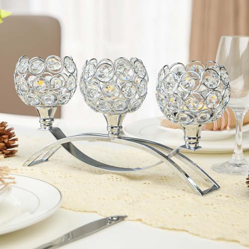 Crystal Tealight Candle Holder Centerpiece Home Decorative Candlestick Holder Elegant Table Centerpiece Home Decor Wedding Party Anniversary (Silver, 3 Arm)