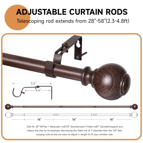 Wood Curtain Rods for Windows 28 to 48 Inches,1 inch Heavy Duty Window Curtain Rods with Imitation Wood Grain Finials,Decorative Drapery Rods Adjustable, 28"-58"(2.3-4.8ft), Bronze Wood