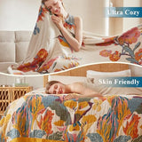 Boho Throw Blanket - 100% Cotton Soft Summer Throw Blanket for Bed, 50"x60" Reversible Breathable Lightweight Blankets, All Seasons Farmhouse Decor Floral Plant Butterfly Throw Quilt