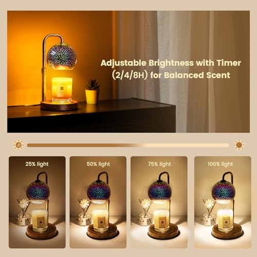 Glocusent Candle Warmer Lamp with Timer, 3D Glass Globe, Retro wood-grain metal base, Dimmable Height Adjustable Candle Warmer for Jar Candles, Home Decor & Gifts for Women, Firework patterns, 2 Bulbs