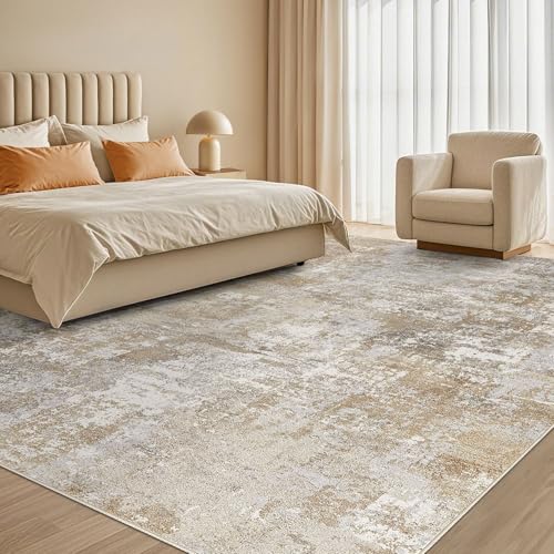 Tortania Washable 9x12 Area Rug for Living Room: Modern Abstract Neutral Large Soft Thin Rugs - Non Slip Indoor Carpet for Bedroom Dining Room Office Nursery Home Floor Decoration - Brown Grey