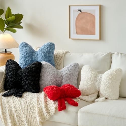 Bow Pillow, Decorative Bow Pillows with Soft Plush for Couch Bed, Bow Shaped Throw Pillow Room Decor for Bedroom, Bow Decorative Pillow for Living Room (White, Small-12 Inches)