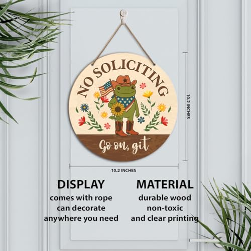 Funny Frog No Soliciting Sign for House Front Door, Go on Git, No Soliciting Wood Hanging Sign for Home Entryway Yard Wall