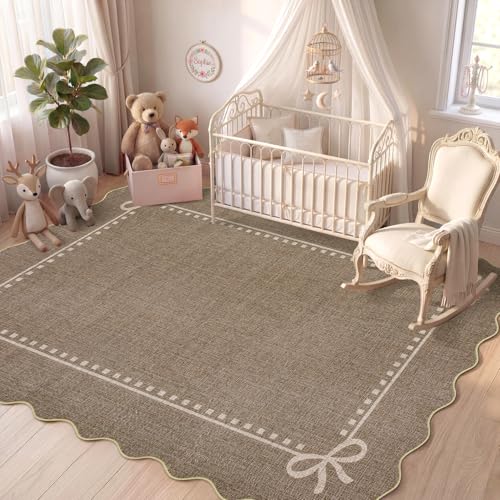 Garvee Scalloped Bow Rug Brown Washable Solid 4x6 Area Rugs for Living Room
