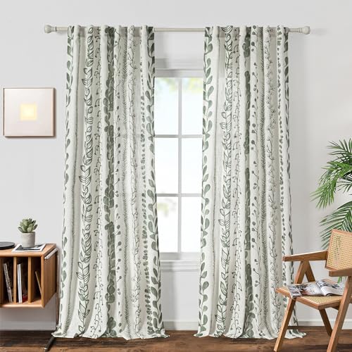 MEETSKY Sage Green Curtains 84 Inches Long 2 Panels Boho Curtains for Living Room Light Filtering Patterned Drapes for Bedroom Linen Style Back Tab Leaf Print Window Treatment, 50” Wide Each Panel
