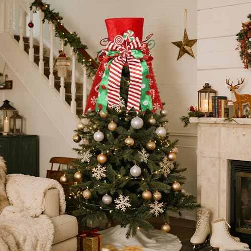 yofit Christmas Tree Topper Hat, Large Red Hat with Striped Bow Ribbon & Lollipop, Christmas Tree Decorations Top Hat, Desktop Ornaments for Home Xmas Holiday Winter Decor