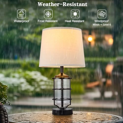 Outdoor Table Lamp, Farmhouse Lamp for Patio Table Decor with Cord, Rustic Table Light with Seeded Glass, 23.5" Plug-in Outdoor Lamps for Patio Waterproof, LED Bulb Included (Black)