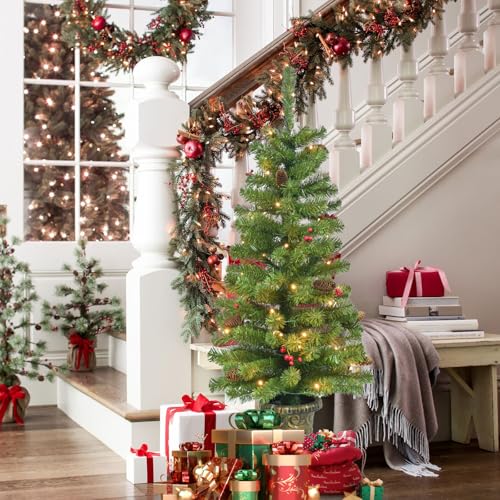 Maylaviu 4FT Artificial Potted Christmas Tree with Lights, Pre-lit Mini Christmas Tree with 50 LED Lights, Small Fake Spruce Tree with 140 Branch Tips, Pine Cones&Red Berries, Battery Operated