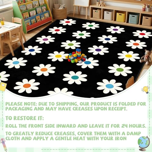 7.6x12 ft Large Daisies on Black Classroom Rug Daisy Educational Area Mat Daisy Flowers Multicolor Play Carpet Educational Classroom Learning Mat for Preschool Playroom Elementary Kindergarten(Black)