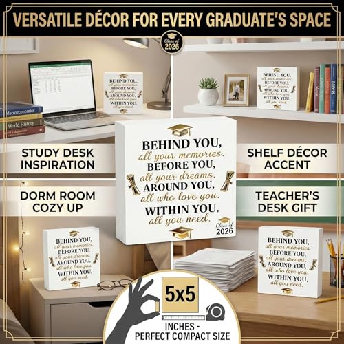 Graduation Decorations 2026 College Graduation Gifts Her for Him Quote Wood Box Sign Decor Desk Sign Positive Behind You All Your Memories Wooden Box Block Sign Rustic Home Shelf Wall Decoration