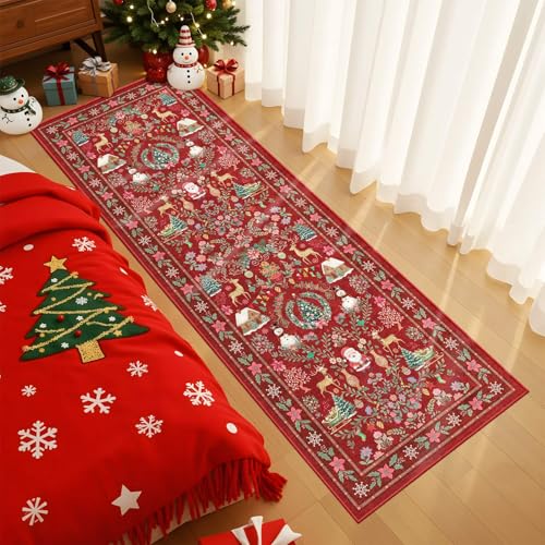 Christmas 2x6 Runner Rug for Hallway Kitchen Entryway, Red