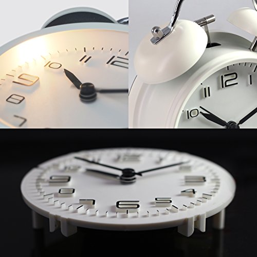 Betus [Non-Ticking Twin Bell Alarm Clock - Metal Frame 3D Dial with Backlight Function - Desk Table Clock for Home & Office - Milk White