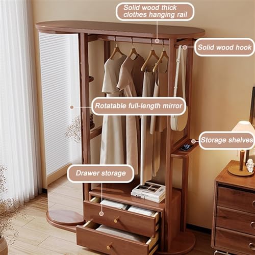 Full-Length Mirror Floor-Standing Coat Rack, Dressing Mirror Combination, Rotatable Storage Rack, Bedroom Fitting Mirror with Drawer Full Length Floor Mirror (D)