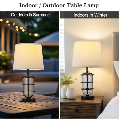 Outdoor Table Lamp, Farmhouse Lamp for Patio Table Decor with Cord, Rustic Table Light with Seeded Glass, 23.5" Plug-in Outdoor Lamps for Patio Waterproof, LED Bulb Included (Black)