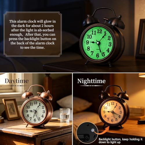 Loud Alarm Clock for Heavy Sleeper, Twin Bell Retro 3'' Silent Non-Ticking Mini Travel Quartz with Backlight, Luminous Dial, Battery Operated Mental Alarm Clock for Home Decoration Bedroom Bedside