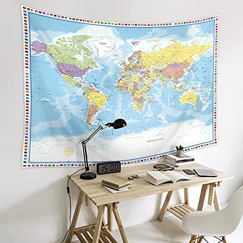 Large World Map Tapestry Wall Hanging For Kids Educational With Country Flags for Classroom Decor Kids Room Home Traveling Geography Students 60x80 In