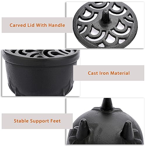 JUXYES Vintage Tripod Incense Burner Holder with Lid, Cast Iron Incense Holder Metal Cauldron Censer Antique Cone Coil Incense Burner Holder for Incense Resins, Cones, Charcoal or Wax Melts