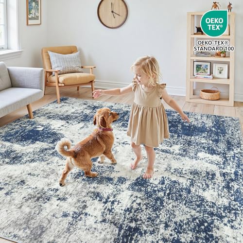 6x9 Area Rugs for Living Room Large Washable Abstract Blue Carpets
