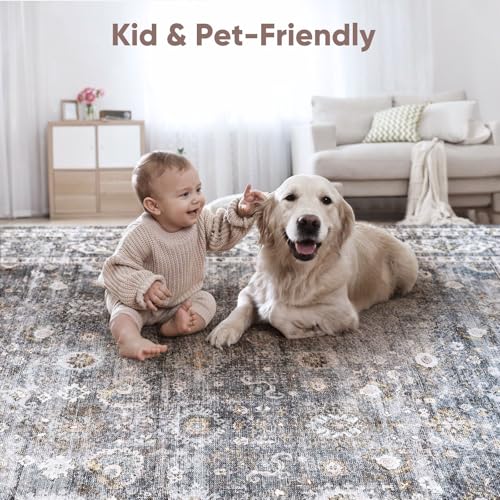 Runner Rug Hallway Runner Rug Washable Kitchen Runner Rugs with Rubber Backing 2'6''x8' 100% Polyester Vintage Rug for Entryway Indoor, Kitchen, Laundry, Bedroom (Grey and Brown)