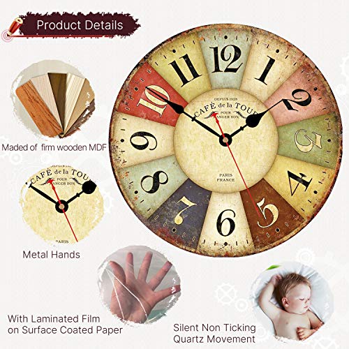 VIKMARI 8 Inch Silent Non-Ticking Wall Clock Arabic Numerals Retro Clocks Wooden Decorative Round Wall Clocks Battery Operated Indoor Wall Clocks Paris French Rustic Style Home Decor Wall Clock