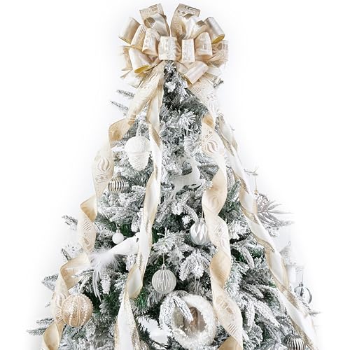 Ivory and Champagne Gold Christmas Tree Topper Bow 13 x 53 Inch Large With Streamer and Bauble Patterns for Xmas Tree Wreaths Door Staircase Home Decor