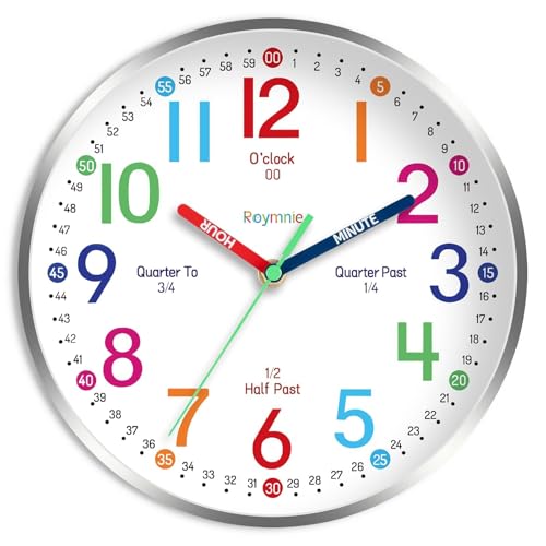 Roymnie Wall Clock for Kids Learning to Tell Time Easily Non Ticking Battery Operated Kids Teaching Clock Silent Colorful Teaching Time Clock Decorative for Kids Room Classroom School (8 Inch)