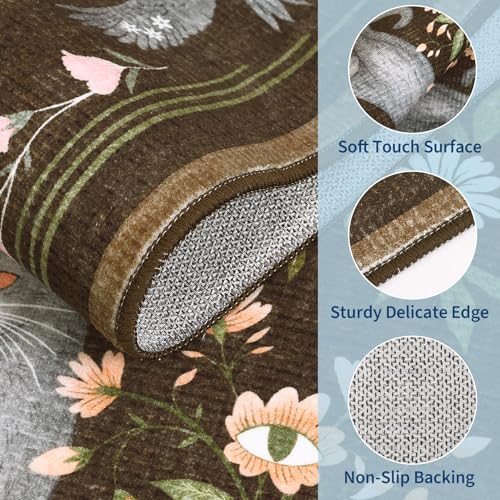 GarveeHome Round Area Rugs 4ft for Bedroom, Cat Brown Washable Circle Rug Soft Non Slip Mushroom Floral Floor Mat Carpet Indoor Thin Rug for Bedroom Dining Room Playroom Nursery Gothic Decor