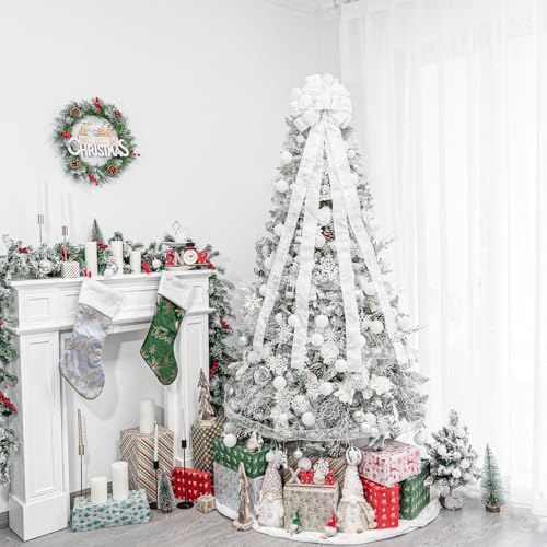 Hismir Christmas Tree Topper Bow，53x13 Inches Large Christmas Bow with Glitter Streamer and Patterned Ribbon，Decorative Bows for Xmas Tree Wreath Door Festival Home Decor(White)