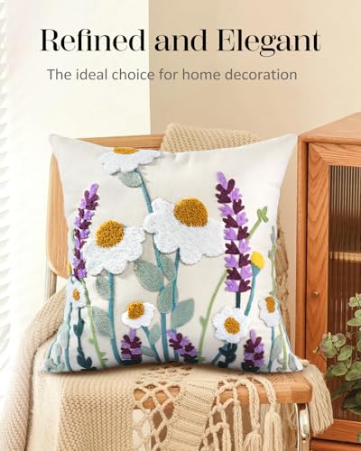 Embroidered Throw Pillow Cover, 18x18 Inch, Wildflower