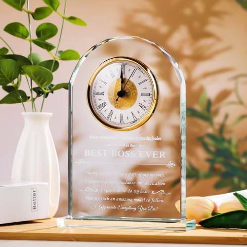 YWHL Best Boss Birthday Gifts for Women Men, Meaningful Boss Appreciation Gift for Female, Laser Engraving Glass Table Clock for Boss's Day Retirement Work Anniversary (Battery not Included)