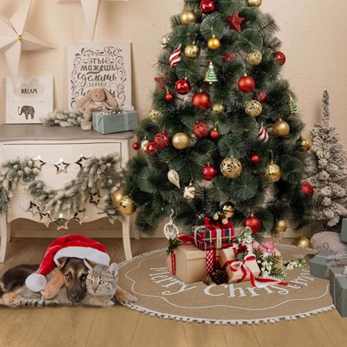 AerWo Christmas Tree Skirt 36 Inch, Burlap Tree Skirt Printed with White Snowflake and Merry Christmas Decor, Brown Tree Skirt for Christmas Decorations New Year Holiday Party Supply Indoor Outdoor