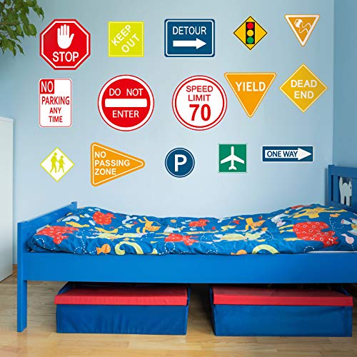Zonon 15 Pieces Road Signs Wall Decal Traffic Street Sign Sticker Stop Street Transportation Construction Vinyl Car Wall Decals for Back to School Decor Kid Bedroom Classroom Bulletin Board Playroom