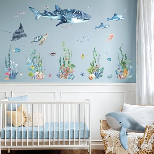 Ocean Animal Wall Decals,Large Sea Creature Wall Stickers,Under The Sea Fish Wall Art Decor for Kids Bathroom, Bedroom, Nursery, Living Room