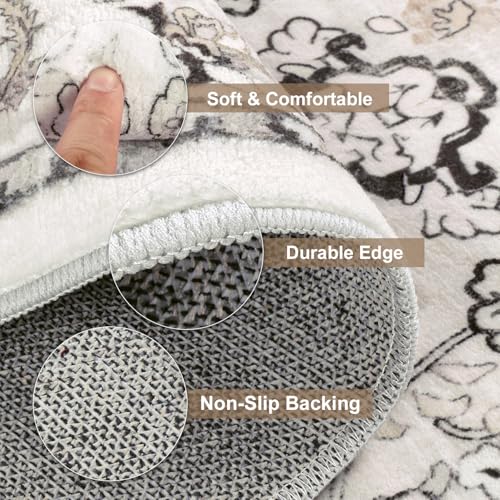 LOKHOM Washable Runner Rug, 2x6 Non-Slip Vintage Kitchen Rug with Rubber Backing, Boho Floral Soft Faux Wool Hallway Runner Rug Carpet Runner for Laundry Entryway Bedroom (Cream White)