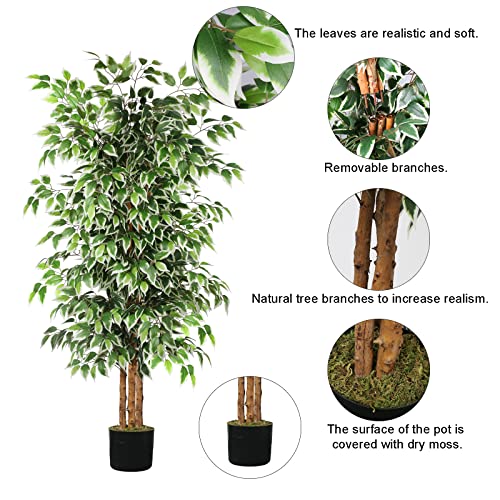 GTIDEA 6ft Ficus Artificial Tree, Tall Faux Trees Indoor with Natural Trunk and Fake Silk Tree Fake Plants for Home Decor Living Room Outdoor Balcony House Office (NO VASE Included)