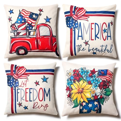 Hongsome 4th of July Decor-Throw Pillow Covers 18x18in Set of 4,Patriotic Linen Pillow Case for Independence Day,Memorial Day,Veteran's Day,USA,American Summer Outdoor Red White Blue Decorations