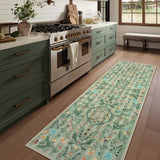 Lahome Washable Insect Botanical 2'6"x8 Runner Rug for Entryway - Machine Washable Non-Slip Hallway Runner Rug, Green Boho Low Profile Soft Faux Wool Carpets for Bedroom, Hallway, Laundry, Kitchen