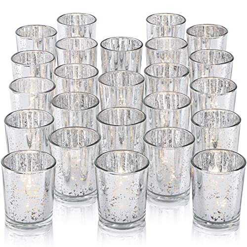 24Pcs Silver Votive Candle Holders for Table - Mercury Glass Votives Silver Candle Holder - Tealight Candle Holder for Wedding Centerpieces & Party Decorations